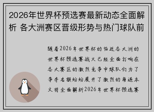 2026年世界杯预选赛最新动态全面解析 各大洲赛区晋级形势与热门球队前景